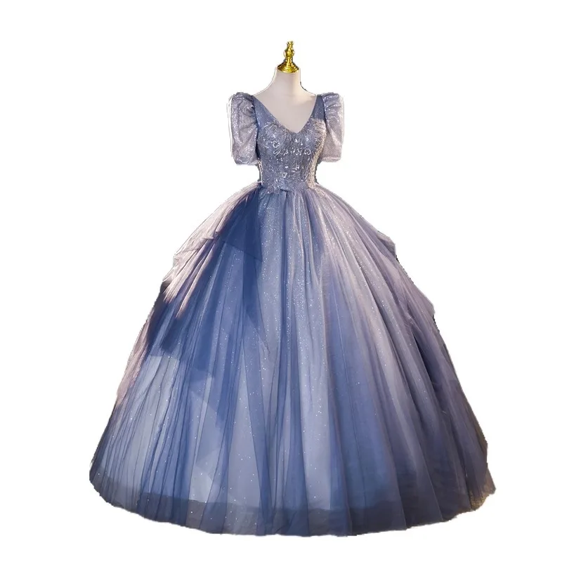 Verão novo longo lantejoulas com decote em v manga princesa grande vestido de noite moda banquete desempenho vocal desempenho arte exame vestido