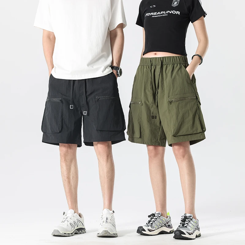 Women's Hiking Cargo Shorts with Multi Pockets High Waist Drawstring Casual Solid Shorts Unisex Summer Loose Sports Short Pants