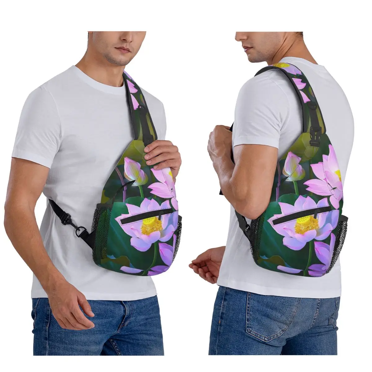 Lotus Flower Chest Bag Men Sling Crossbody Backpack Chest Bag Travel Hiking Daypack Shoulder Bag