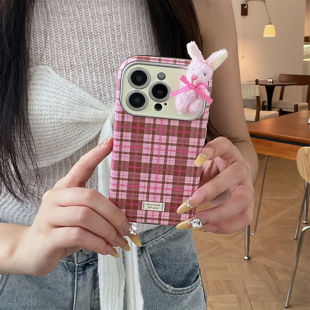 

Korean INS fashion plaid 3D warm plush rabbit cute phone case for iPhone 17 14 15 16 Pro Max 17 Pro cover new protective Fund