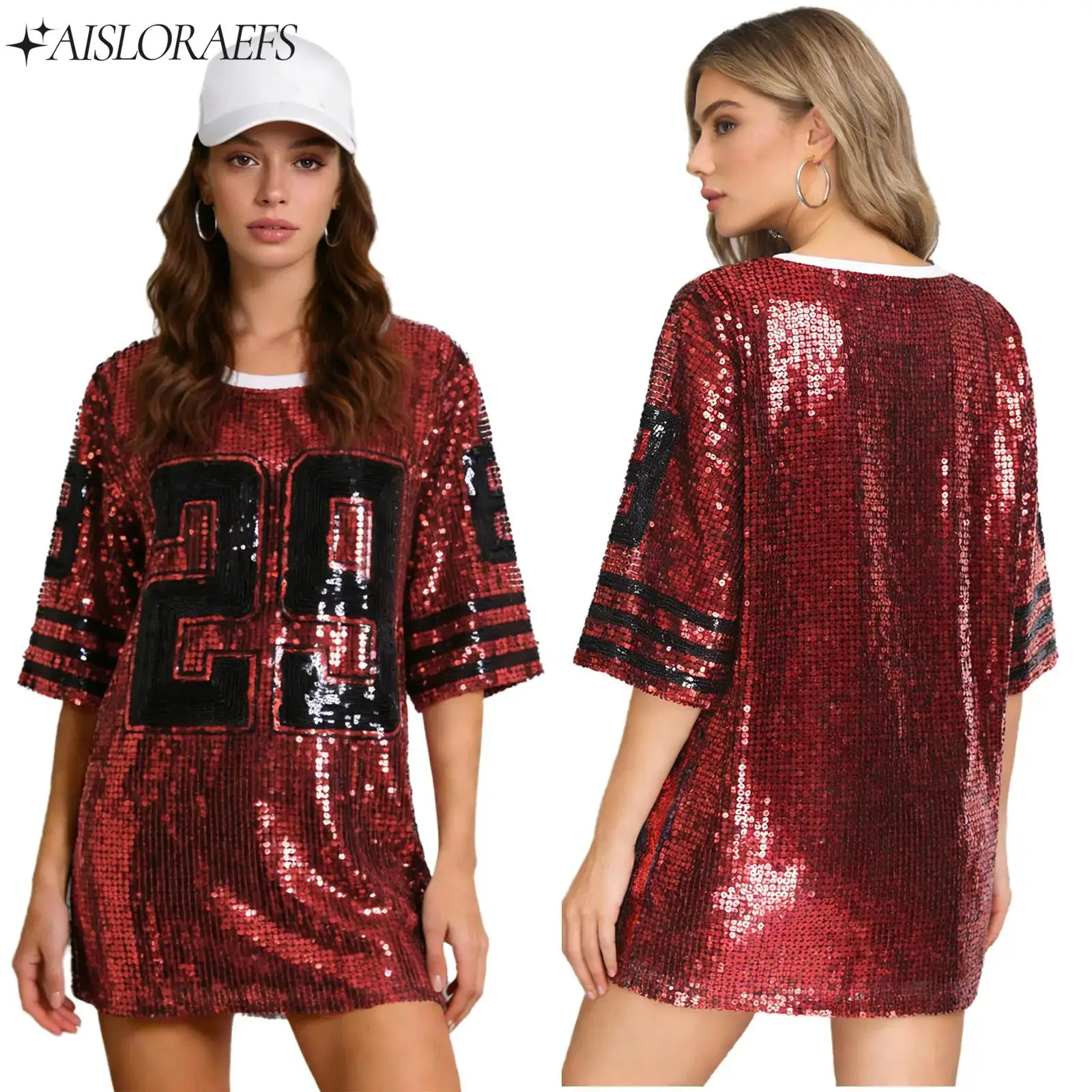 

Womens Hip Hop Street Dance Sporty T-shirt Allover Sequins Number Graphic Glittery Blouse Top for Club Raves Watching Ball Match