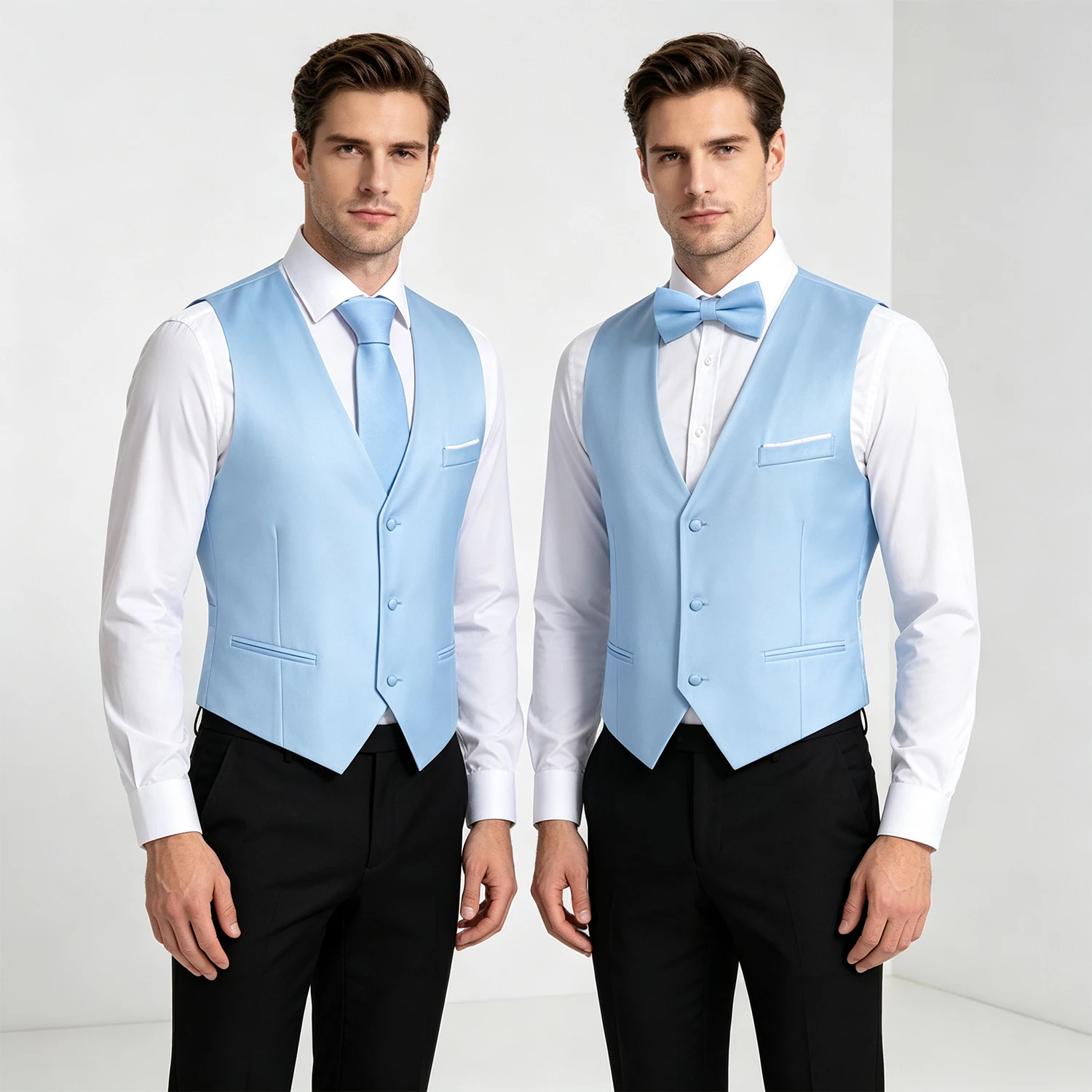 Men Solid Color V Neck Suit Vest 5 Pieces Set Smooth Fabric Waistcoat Tie Bow Tie Pocket Square Cufflinks Wedding Party Business