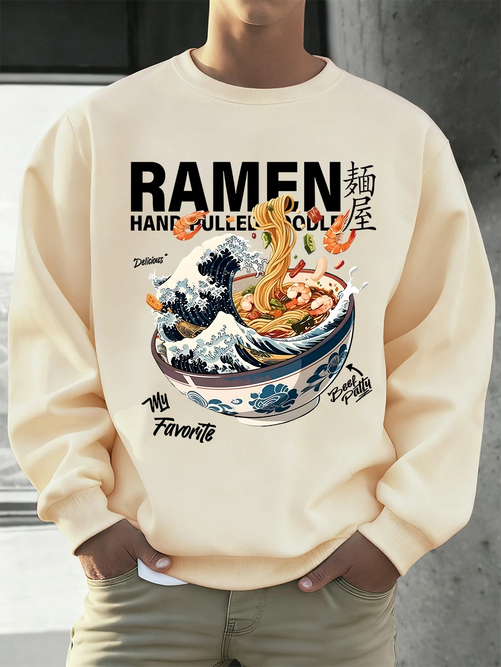

Japanese Ramen Bowlprinting Mens Sweatshirts Winter Fleece Warm Hoodies Korean Loose Crewneck Pullovers Fashion Male Clothes