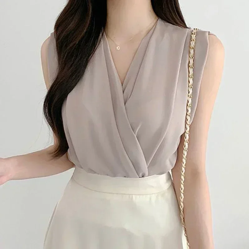 Neploe Franse elegante V-hals Crossover Design blouse 2024 zomer losse veelzijdige mouwloze Blusa dames chic effen kleur shirt