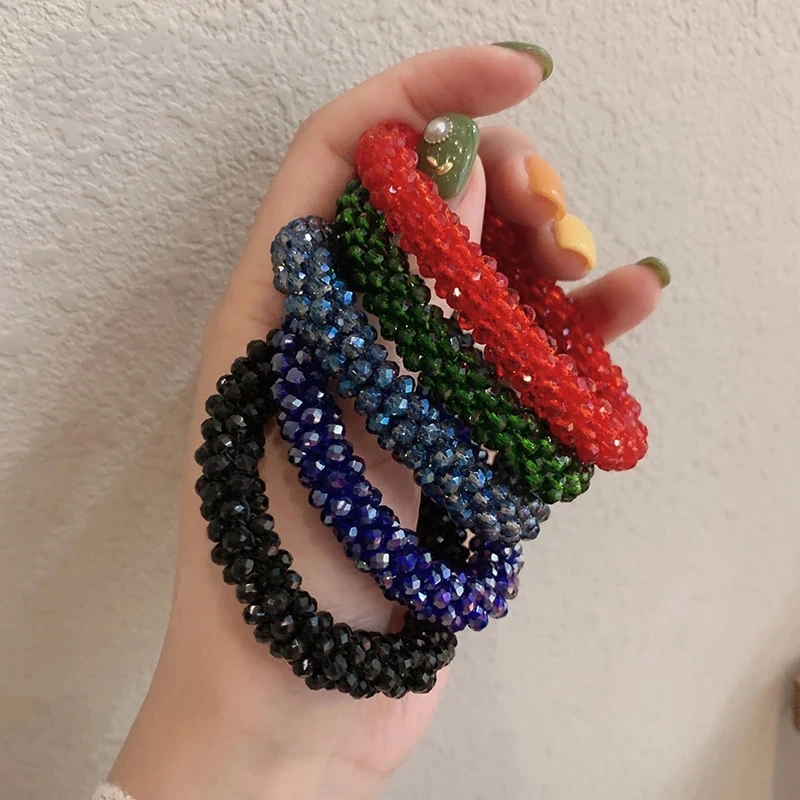 Imitation Crystal Beads Hair Rope for Women Ponytail Scrunchies Elastic Beaded Rubber Hairband Hair Accessories Bracelet Gifts