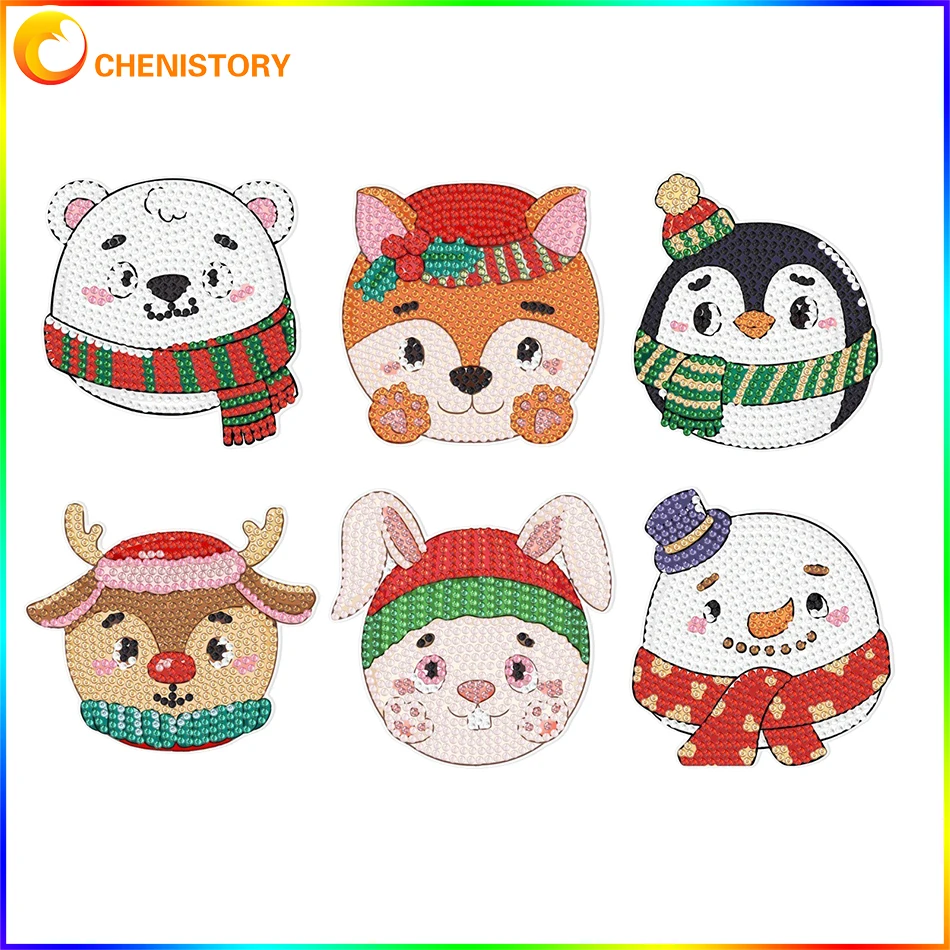 

CHENISTORY 6pcs/Set DIY Diamond Painting Coaster Set Cute Animal Pattern Drill Point Drill Coaster Cup Cushion With Holder New