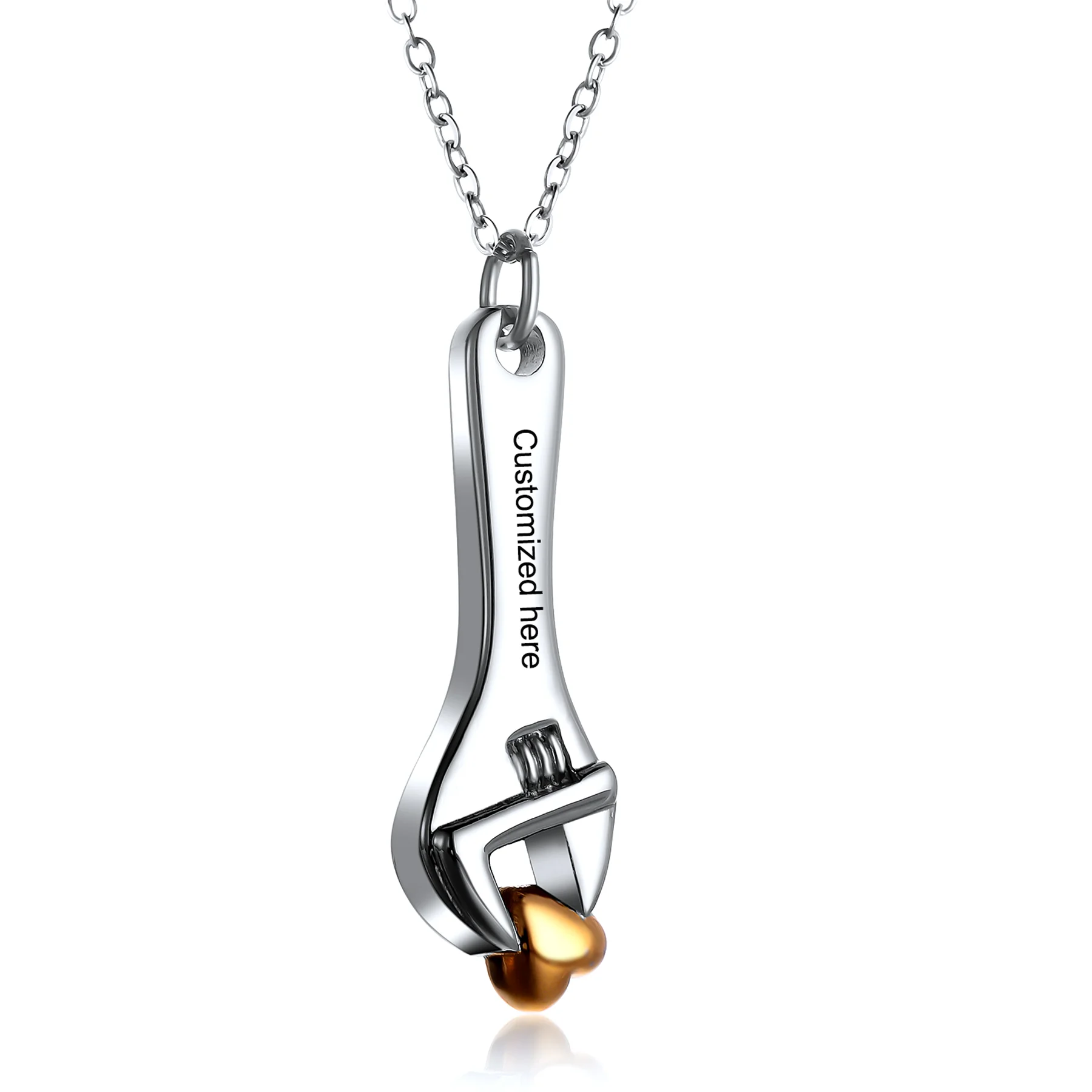 Schraubenschlüssel-Urnen-Halskette aus Edelstahl mit Herz, Einäscherungsanhänger für Asche, Andenken-Schmuck für Männer, Trichter-Werkzeug – Detail 5