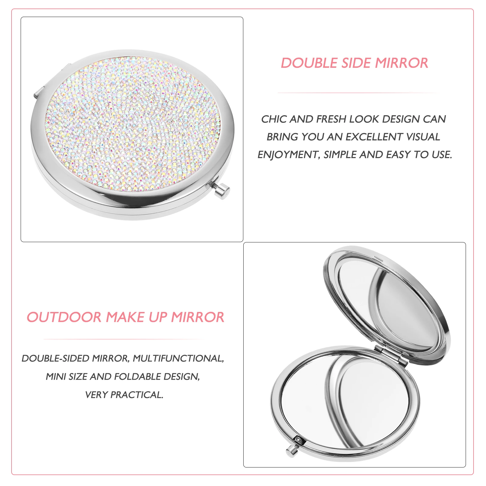 

Double Side Rhinestone Pocket Mirror Portable Metal Mini Compact Foldable Makeup Travel Outdoor Mirror Woman Handbag Essential