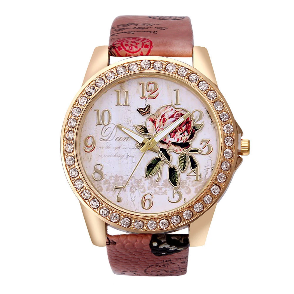 fashion Women rhinestone Rose flower pattern PU leather quartz Watch