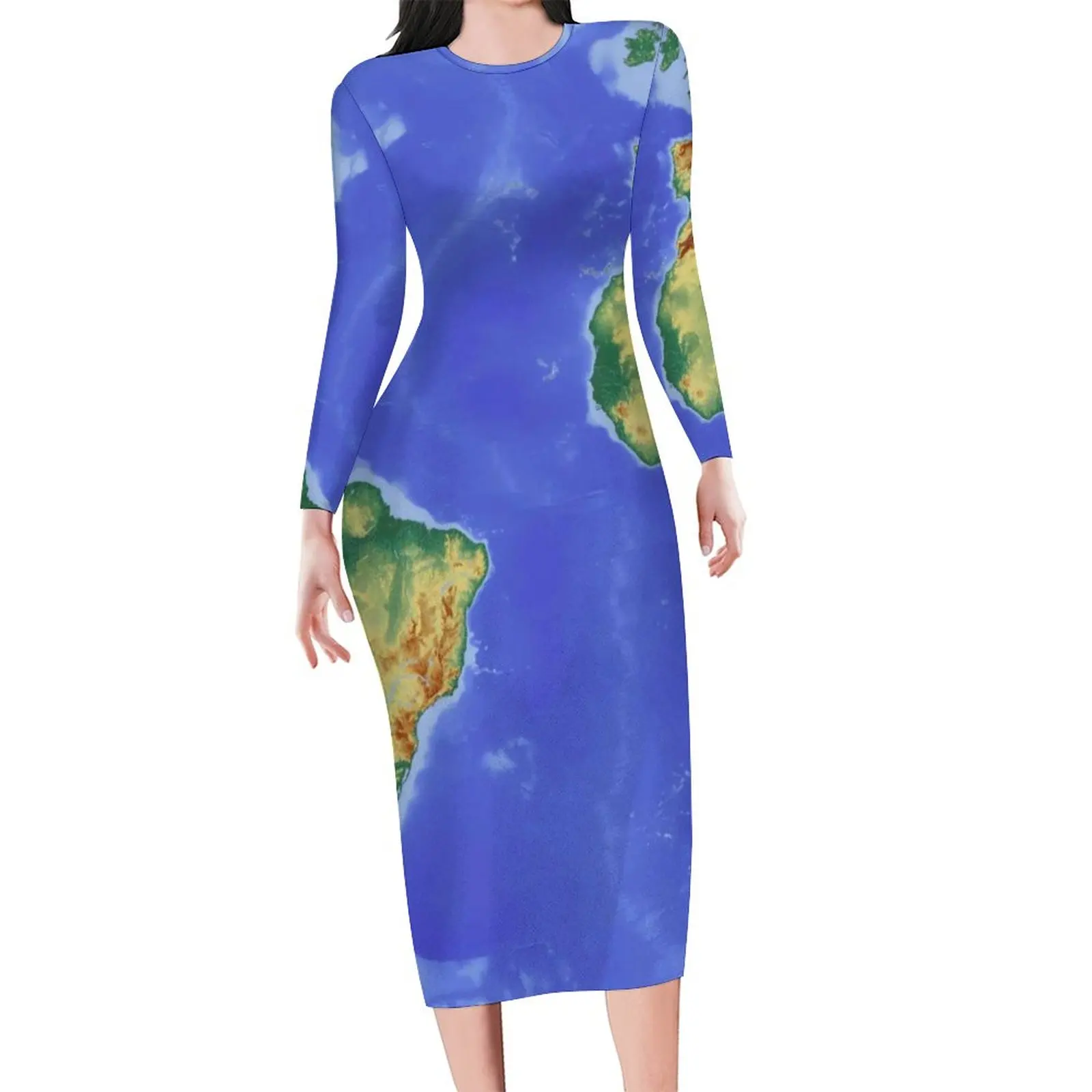 Cool Earth Map Dress Women Map of The World Korean Fashion Bodycon Dress Holiday Long Sleeve Club Dresses Pattern Oversize Vesti