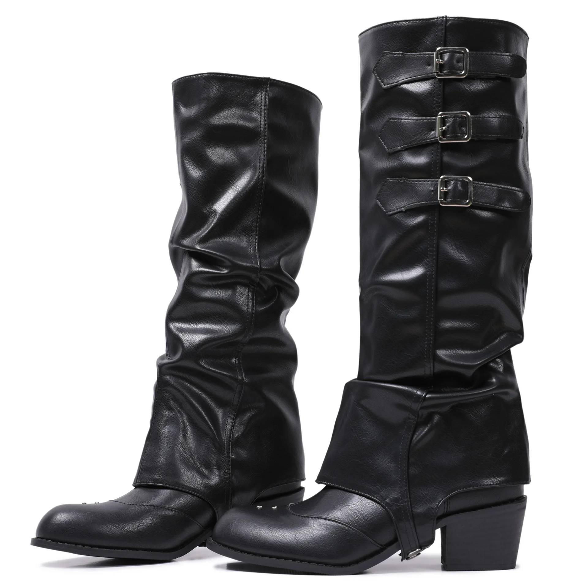 Retro Pleated Soft Leather Long Boots 2024 Autumn/winter New Pointed Belt Buckle Western Stacking Boots