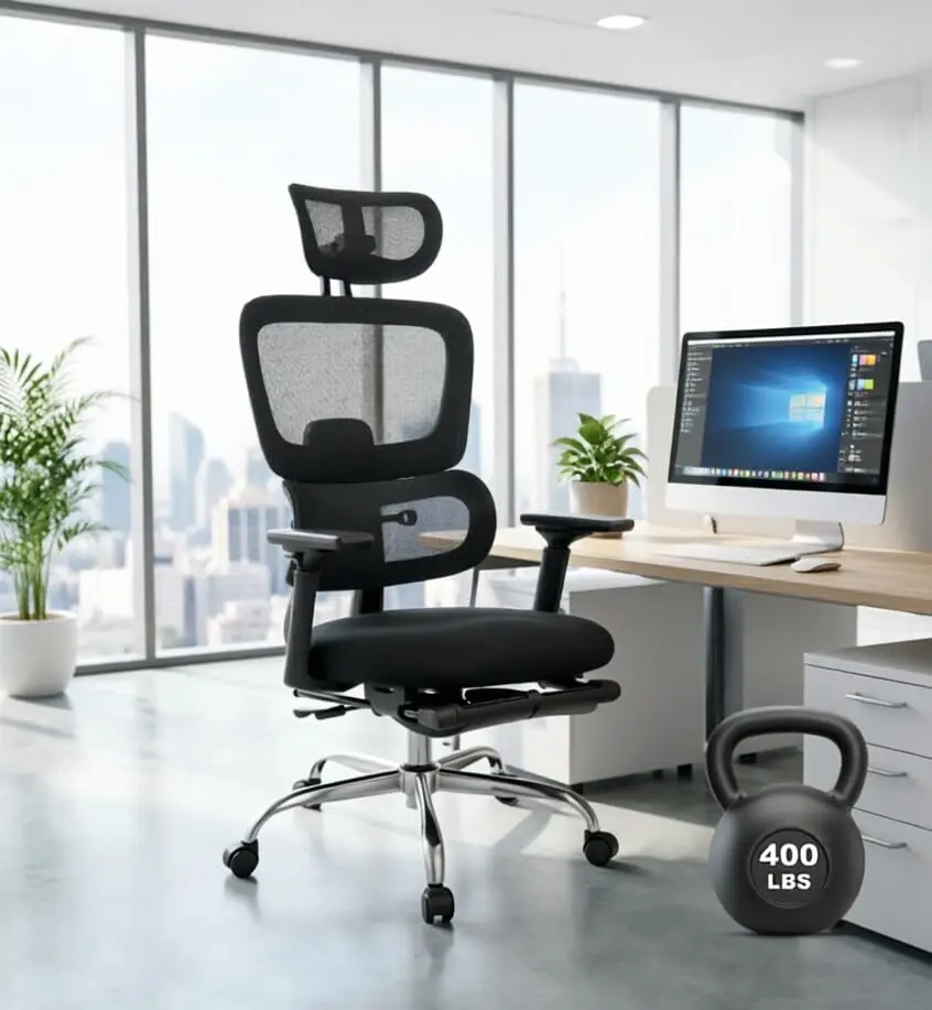 Ergonomic Mesh Office Chair with 3D Headrest, 400lbs Adjustable Lumbar High Back Desk Chair, 4D Flip-Up Arms, 3-Level Tilt Backrest, Swivel Computer Seating with PU Wheels for Long Hours Work