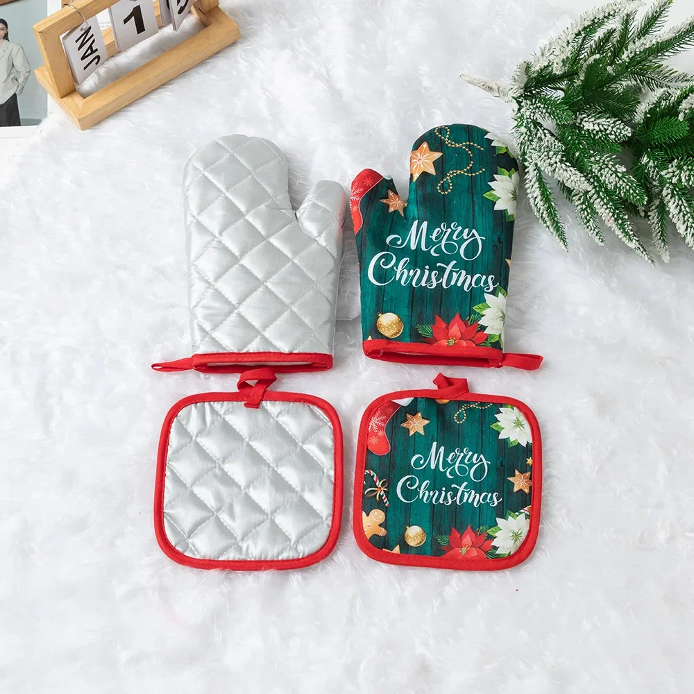 2Pcs/set Christmas Microwave Mitts Thick Household Kitchen Microwave Oven Gloves Heat Insulation Oven Gloves Baking Heat