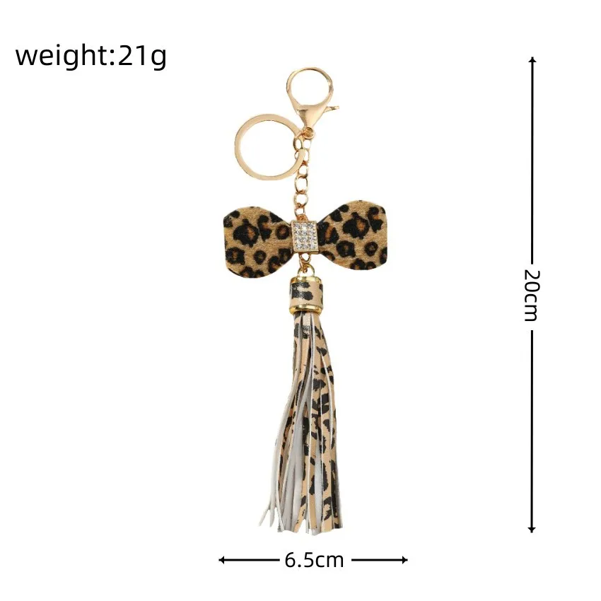 Cute Leopard Pu Leather Tassel Bowtie Accessory Crystal Shining Handmade Fashion Keychain for Women Car Key Purse Handbag