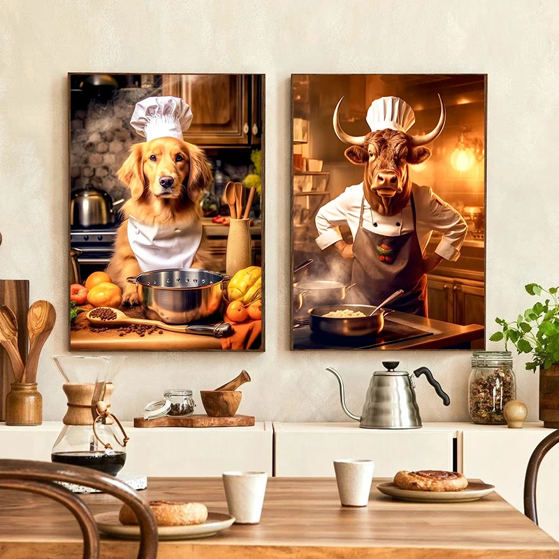 Modern Animal Chef Poster Monkey Raccoon Lion Bull Cooking Kitchen Canvas Painting Print Wall Art Picture Kitchen Home Decor