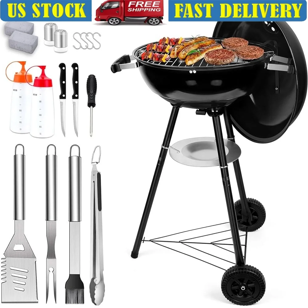 

18 Inch Charcoal Grill Set 18 Pcs Outdoor Camping BBQ Accessories Portable Heavy Duty Adjustable Height Dual Venting System