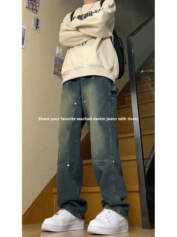 

Men's Straight Leg Waed Denim Jeans Wood Cutting Workwear Vintage American Sle Faion Urban Cotton Polyester Blend