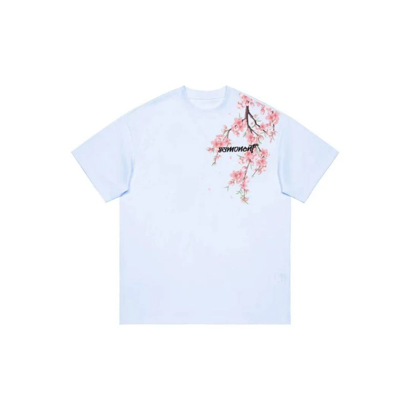 Guofeng Street Sense Cherry Blossom Logo Letter Printing New Chinese Loose Crew Neck Short Sleeve T-Shirt