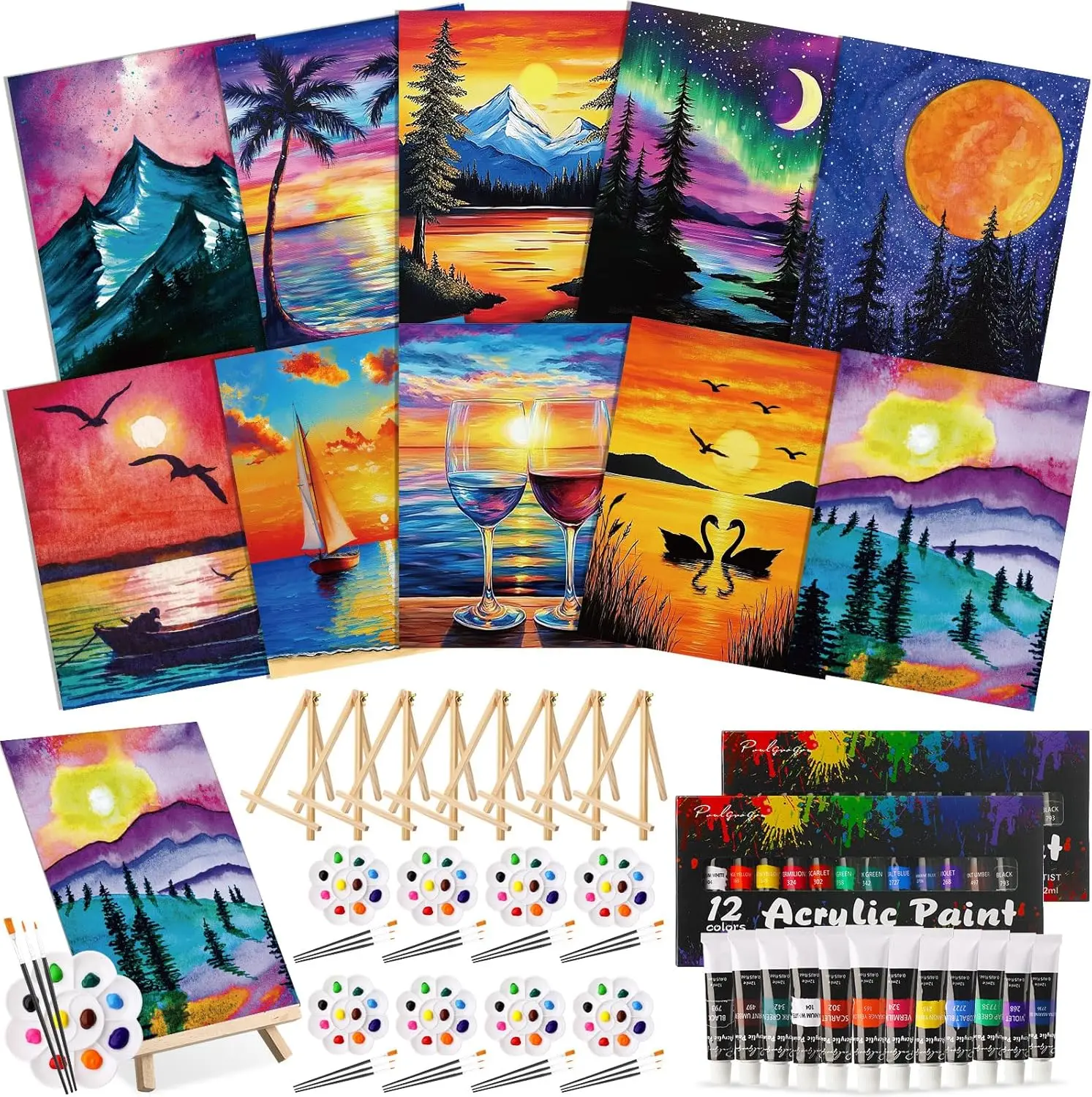 

72 Pcs Sky Paint & Sip Kit for Adults 8x10 Pre Drawn Canvas, Acrylic Paint Set with Easels & Brushes