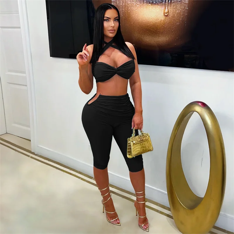 Doyerl Solid Two Piece Set Dames Zomer Outfits Sexy Rave Club Party Halter Gedrapeerde BH Top en Knielange Broek Matchende Sets