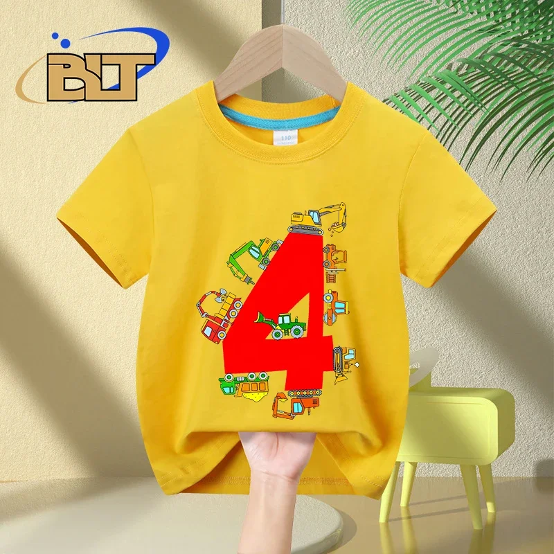 子供の夏のTシャツ,建設トラック,綿,半袖,サプライズギフト,4歳の誕生日