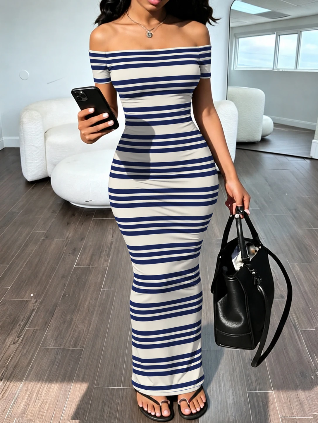Blue and White Horizontal Stripes｜One-Shoulder Off-Shoulder Long Dress, High-Elastic Fabric, Slim Fit, Hip-Hugging, Figure-Flattering Dress