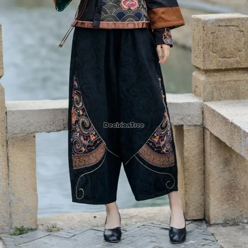 

2023 autumn winter chinese ethnic style embroidery casual retro wide-leg pants loose elastic wait women retro chinese pants t001