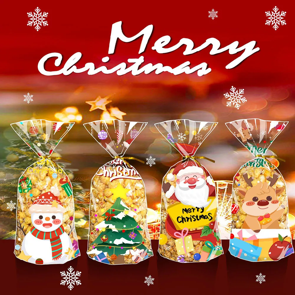 Christmas 50pcs Pack Biscuit Bags Attractive Colorful With Rope Gift Bag Festive Party Supplies For Treat Bags New Year 2025