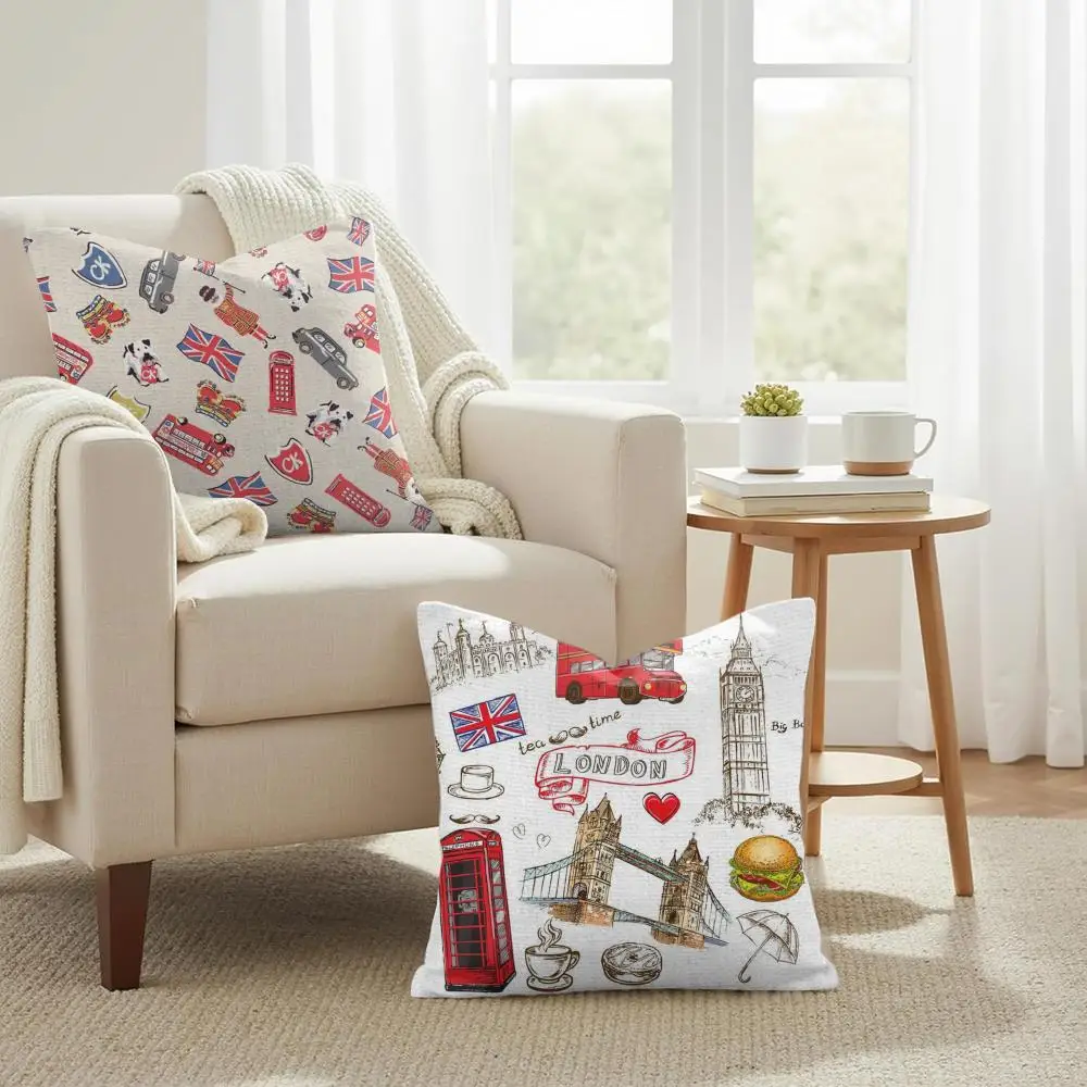 LOVE England Printed Cushion Cover Double-Sided Printed Organic Linen Pillow Cover, Decorative for Sofa Home