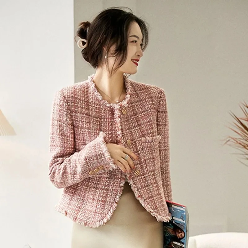 2022 Fall New Girl Classic Fragrant Tweed Short Jacket Long Sleeve Slim Fit Women Pink OL Wool Coat