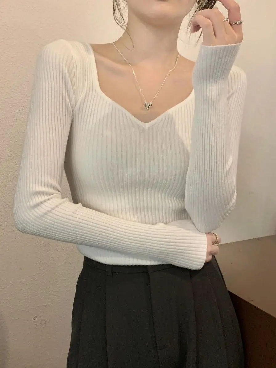Slimming Long Sleeve V-Neck Knitted Base Shirt for Women Early Autumn New Style Casual Versatile Body Shape Enhancing T-Shirt