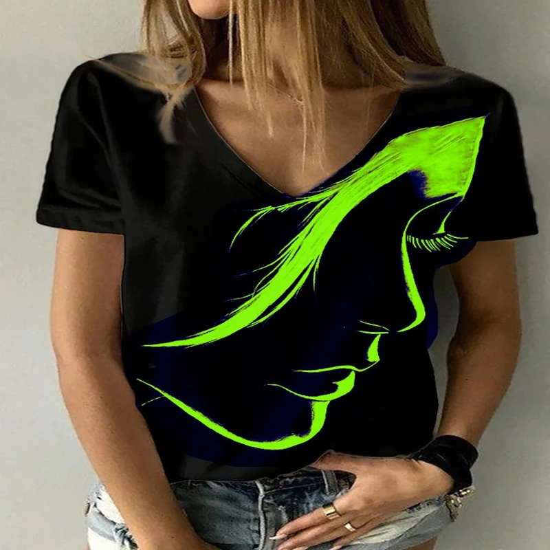 Fashion Abstract Portrait 3D Print T-Shirts Women V-Neck Short Sleeve Tees Y2k Tops Harajuku Oversized T Shirts Woman Clothing