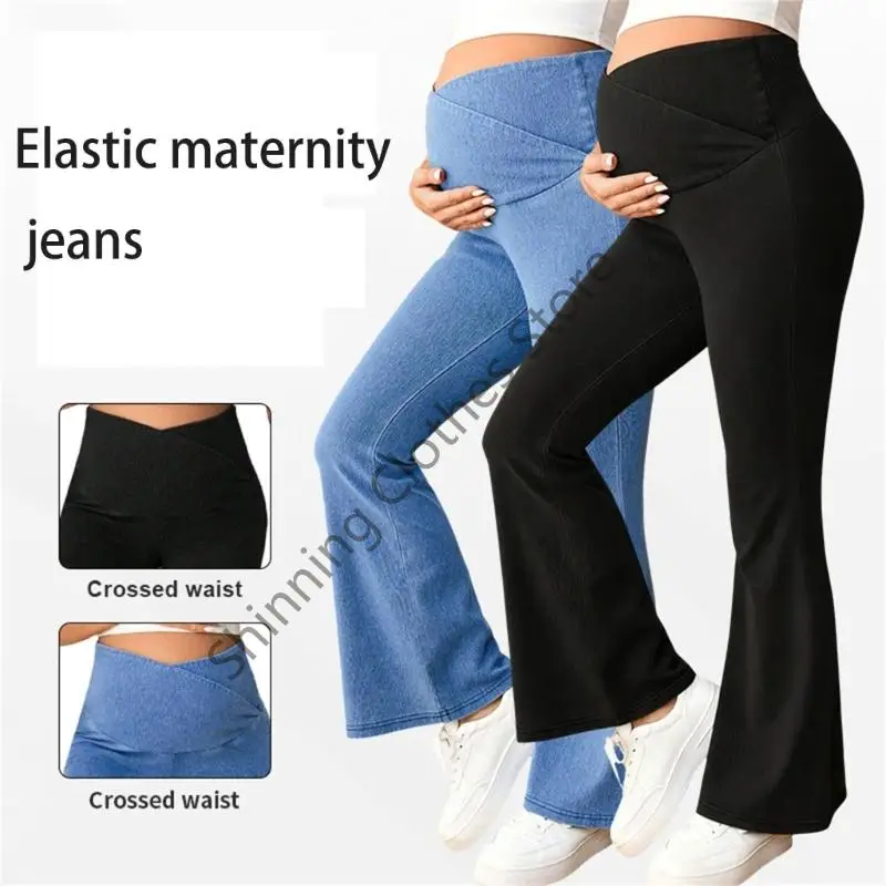 

M68A Удобные брюки, осенне-зимние эластичные джинсы с высокой талией для беременных, обеспечивающие поддержку живота и тепло для