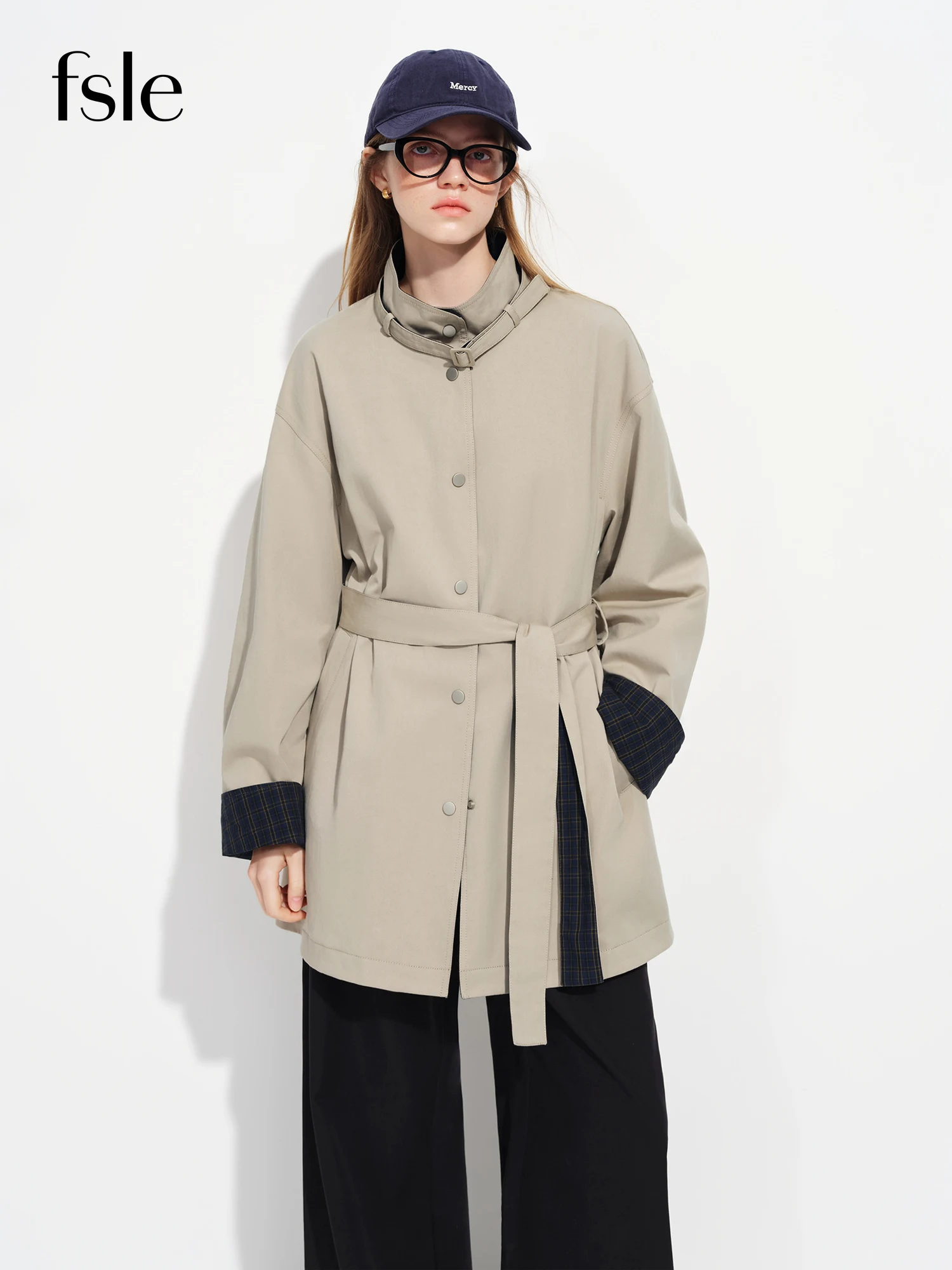 FSLE Classic Versatile Short Trench Coat for Women New Spring 2026 Style Stand Collar Dropped Shoulders Relaxed Fit