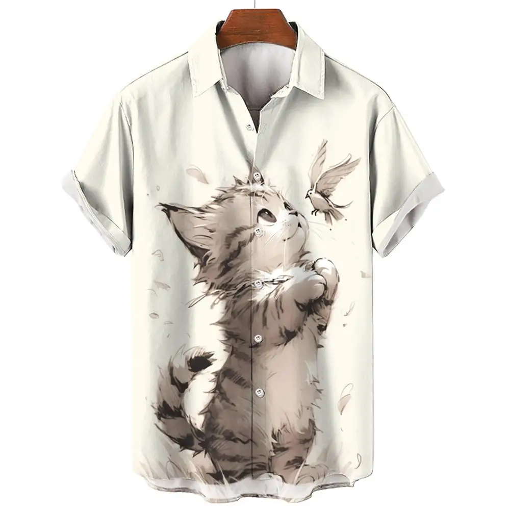 

Animal Shirt For Men Cat Print Summer Casual Short Sleeve Hawaiian Men's Shirt Fashion Beach Travel Male Oversized Clothing