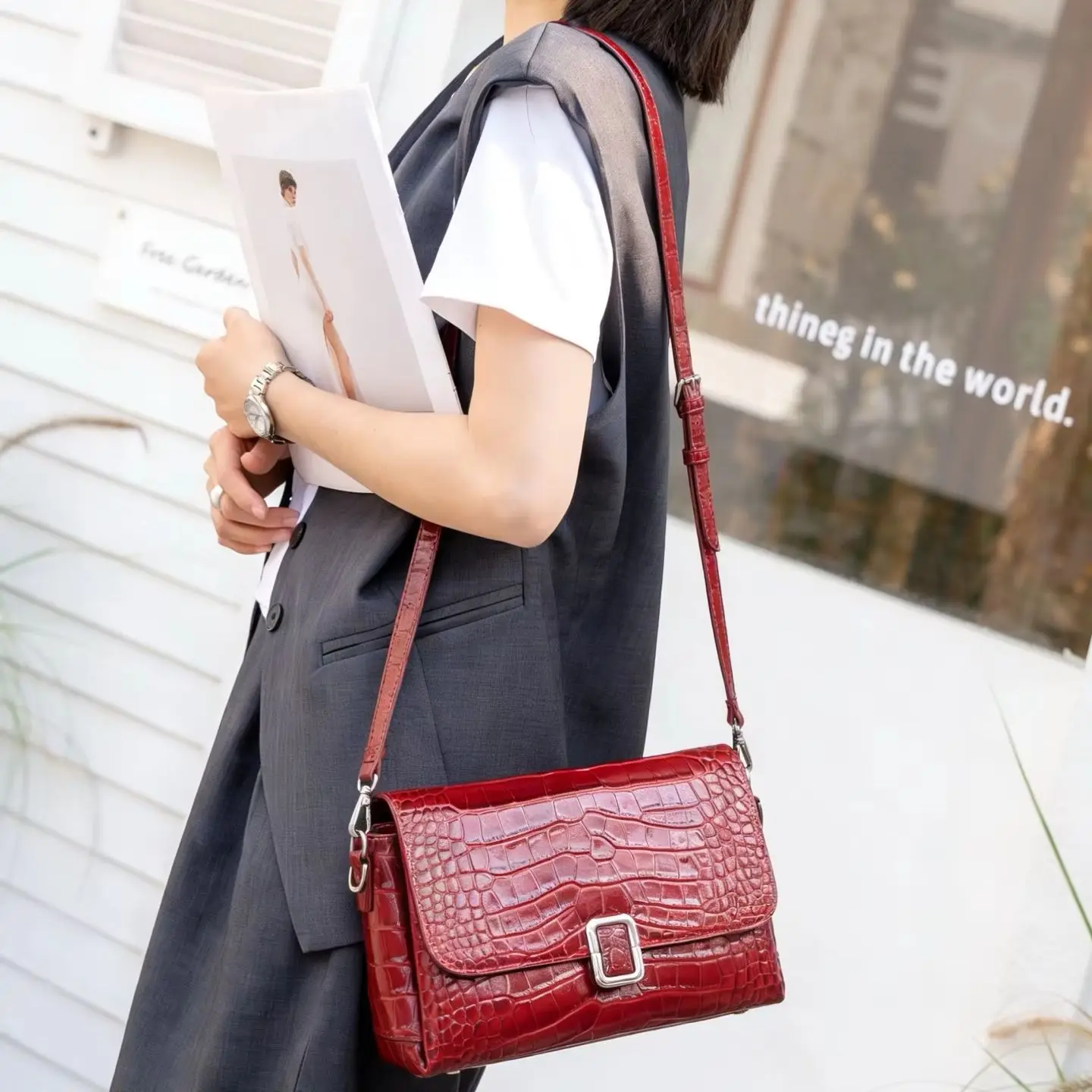 Aidrani Women Glossy Croc Print Shoulder Bag, Square Buckle Flap Purse, Detachable Strap, Multi Colors Crossbody Handbag