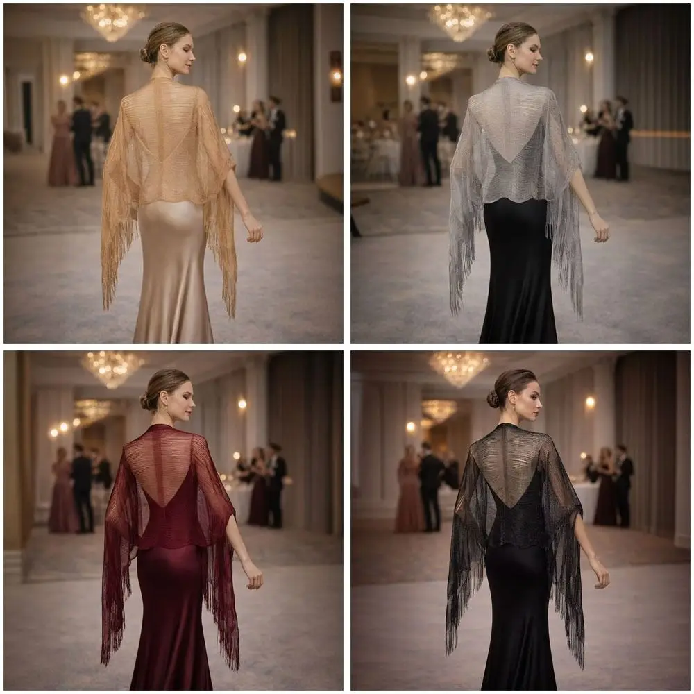 

High Quality Hollow out Tassel Shawl Comfortable Polyester Hollow Sun Protection Scarf Shinning tassel Silk Shawl Evening Dress