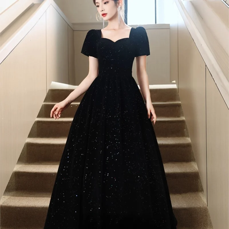 

Plus-size fat temperament sense light luxury atmosphere host bright black long dress