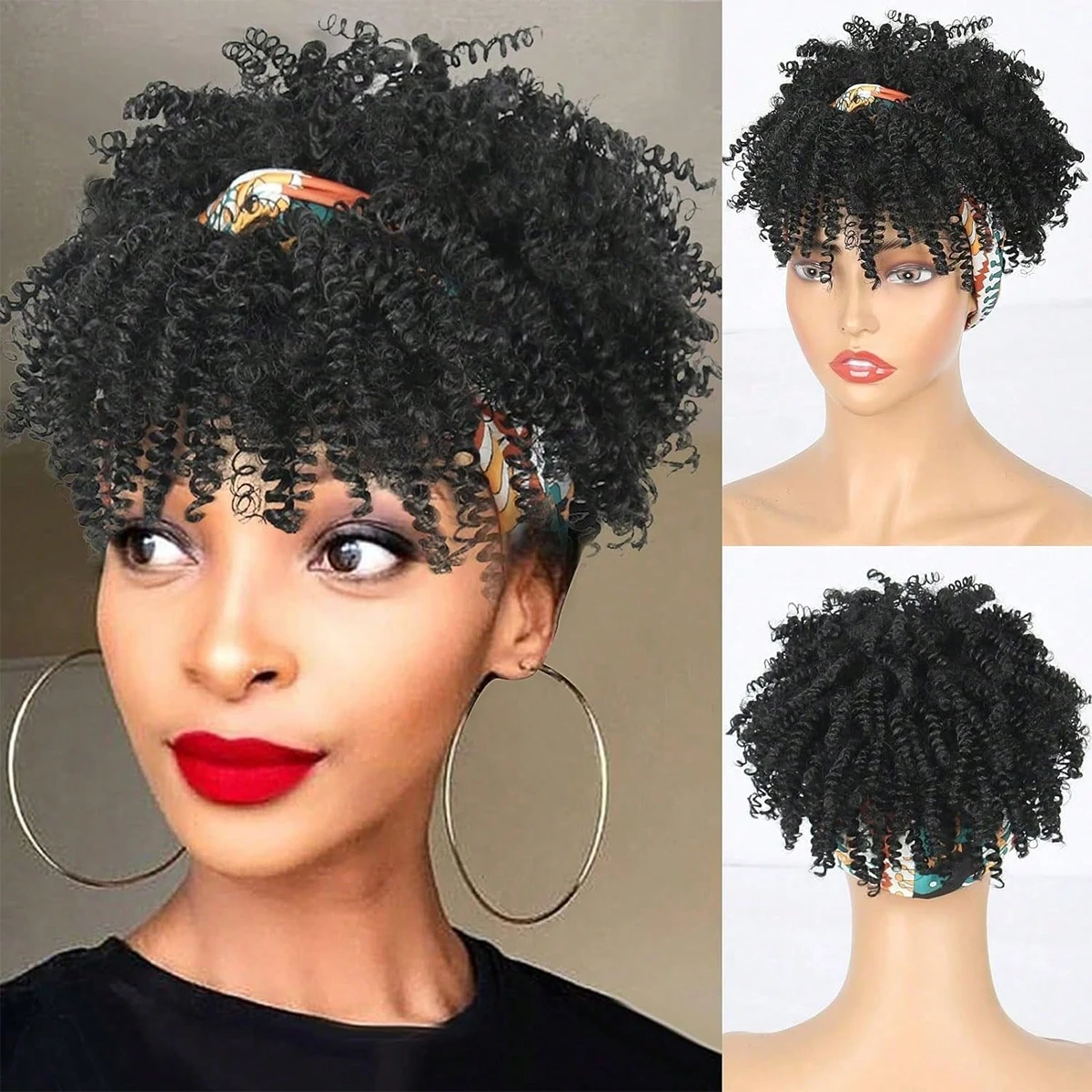 

Black Headband Wigs For Women Afro Kinky Curly Wig With Synthetic Short Hair Wigs With Headband Attached Headwrap Wigs