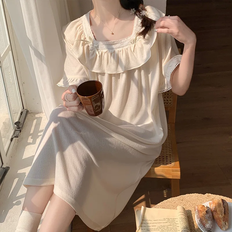 

Винтажная летняя свободная ночная рубашка, Женская кружевная ночная рубашка с коротким рукавом, милая однотонная длинная рубашка принцессы