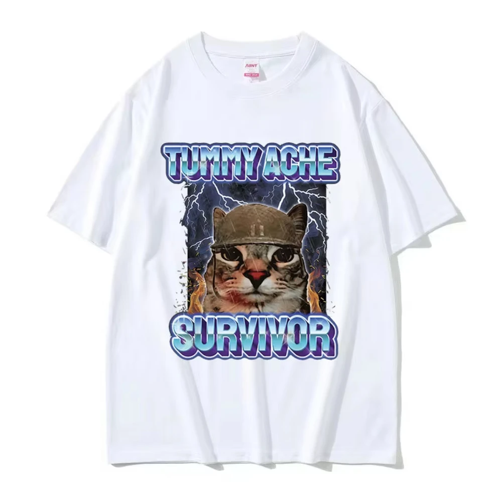 T-shirt humoristique « Survivant des maux de ventre » avec motif chat, pour hommes et femmes, style vintage, haute qualité, en coton, coupe oversize