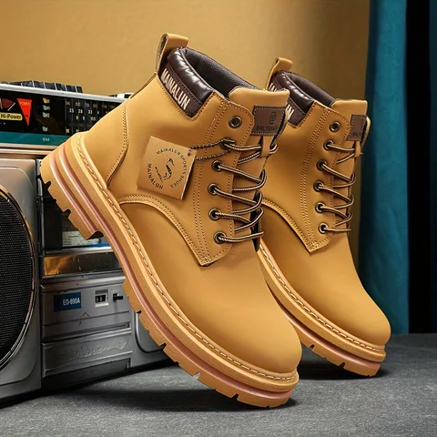 [Heavy-Duty Lace-Up Boots] 1-Pair High-Top Heavy-Duty Lace-Up Ankle Boots | All-Terrain PU/Fabric, Lugged PVC Sole | Al