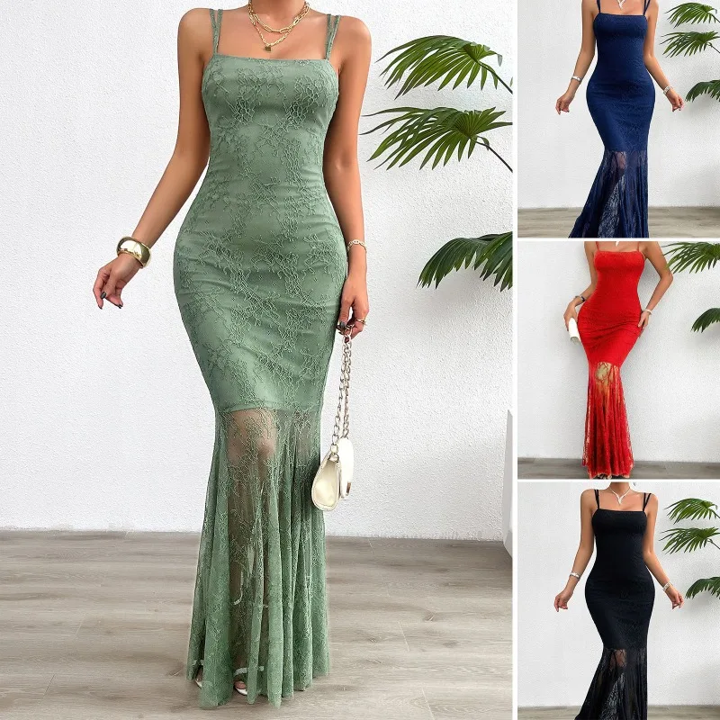 

Slim Fit Lace Slip Dress Temperament Female Embroidered Sleeveless Package Hip Skirt Sense of Design Patchwork Mesh Women Dress