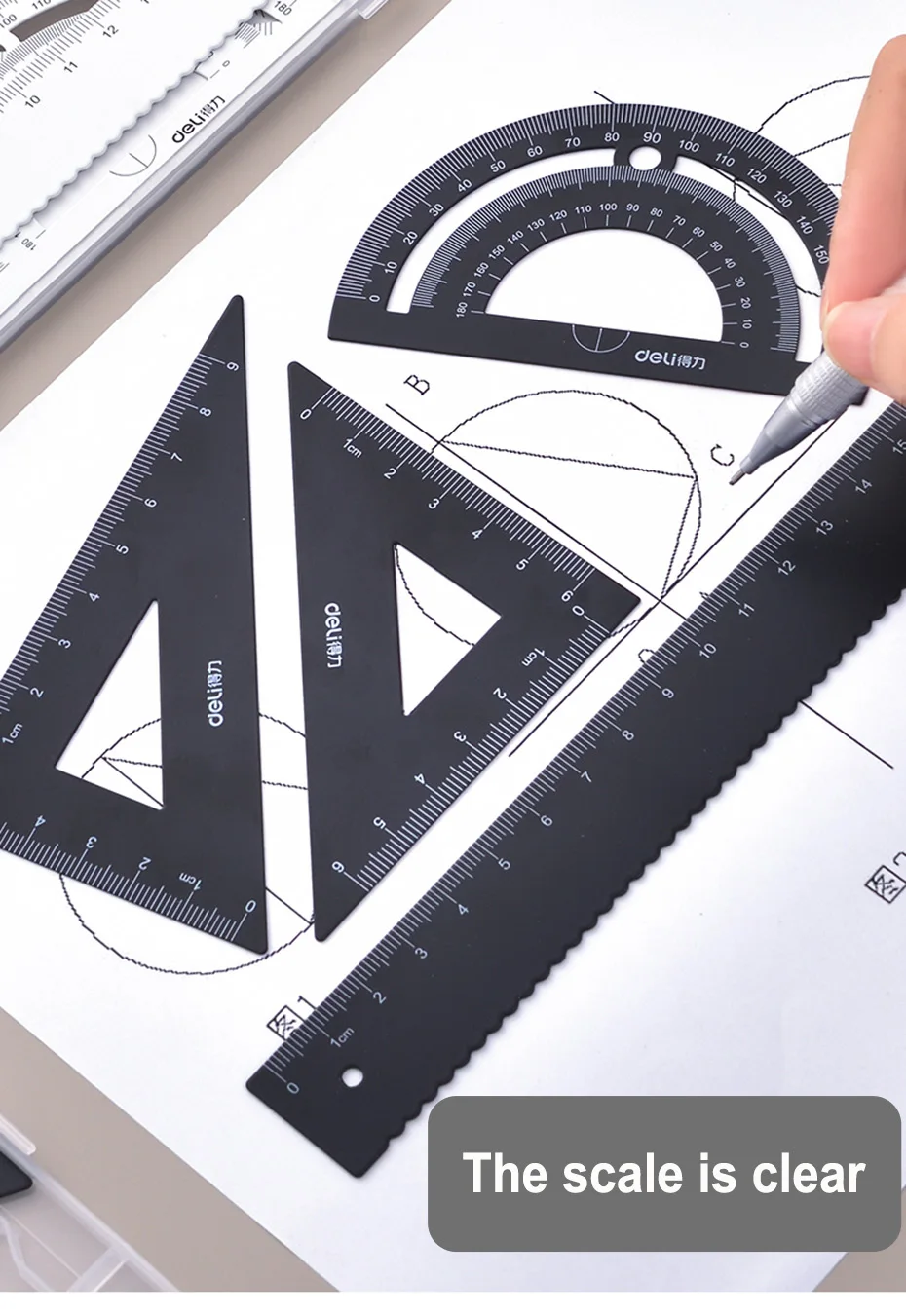 Deli-Règle triangulaire multifonctionnelle en aluminium pour enfants, rapporteur de géométrie et de dessin, accessoires scolaires en métal