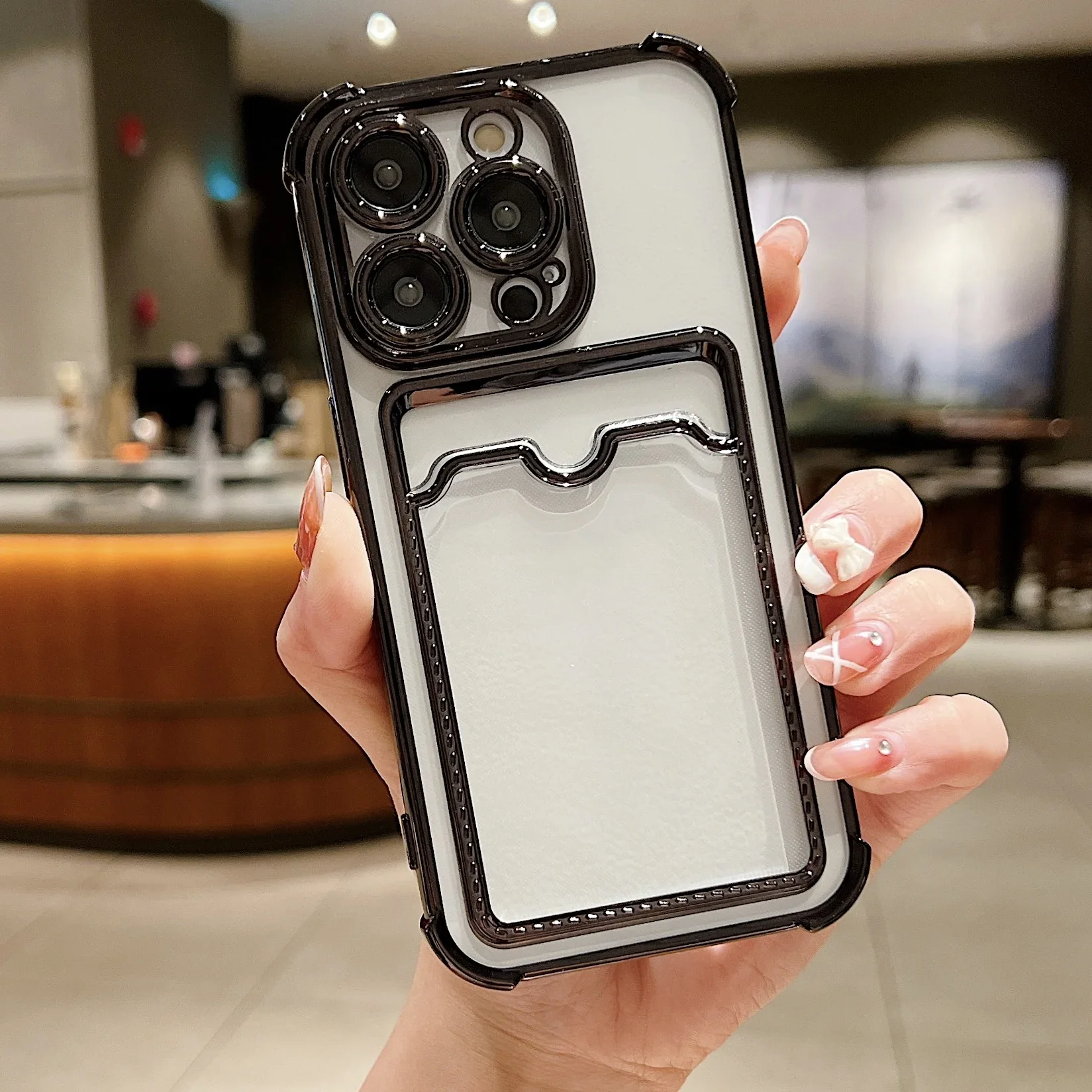 Luxury Plating Transparent Wallet Card Holder Phone Case For iPhone 15 14 13 12 11 Pro Max Plus Card Slot Shockproof Soft Cover