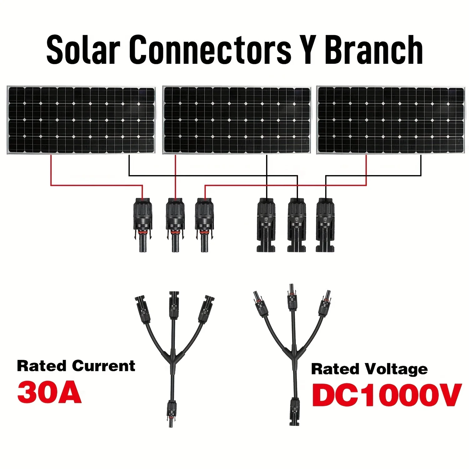 1 Pair, 12Awg Solar Panel Y Branch Parallel Cable, 1 to 3 Solar Parallel Connector, Parallel Connector Wire Plug Kit for Solar