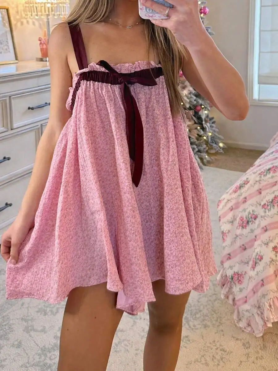 Womens Y2K Vintage Floral Print Sleeveless Backless Tie Front Ruffled Flowy Mini Nightgown Loungewear