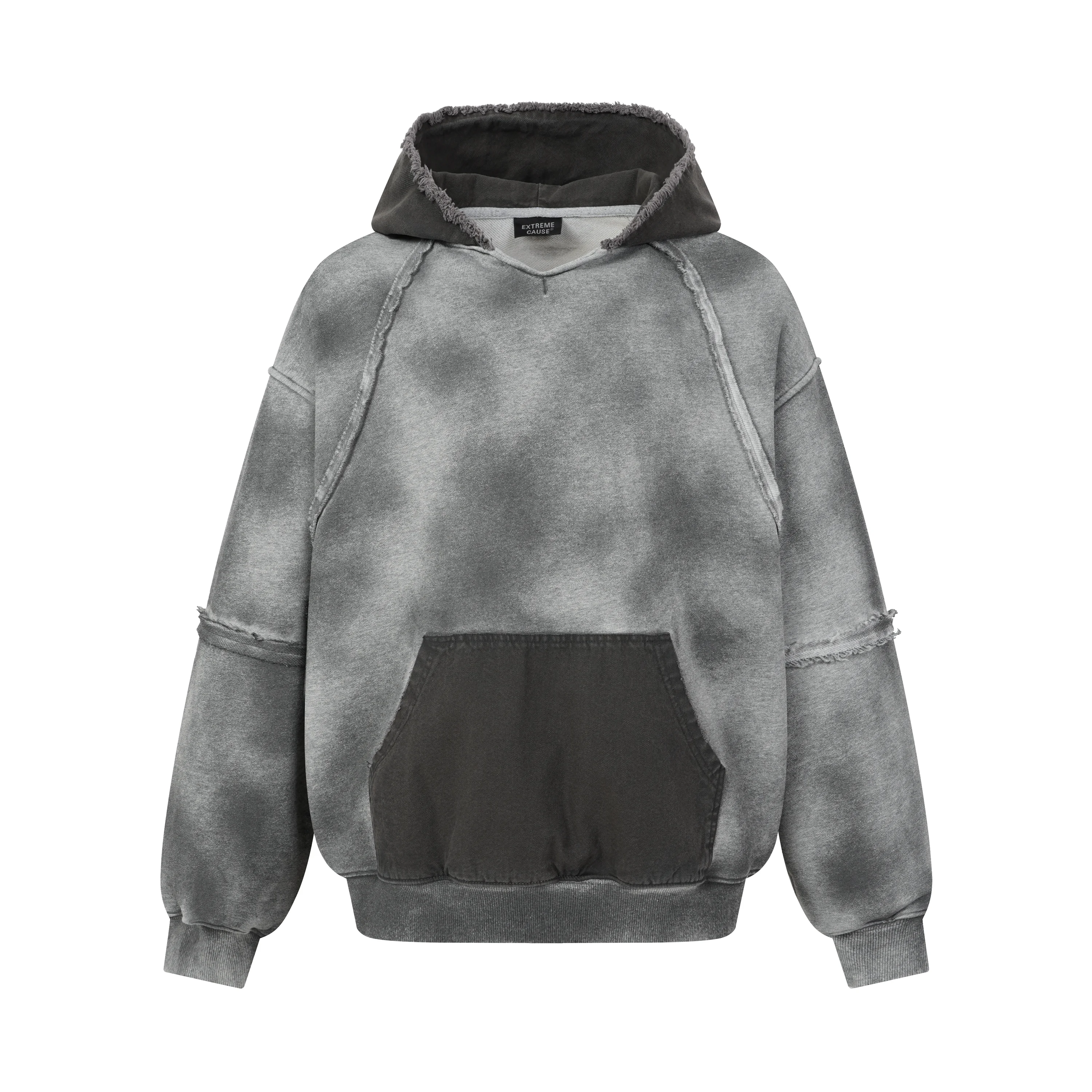 Men Vintage Washed Tie Dye Hoodie Raw Edge Patchwork Color Block Pocket Streetwear Oversized Sweatshirt