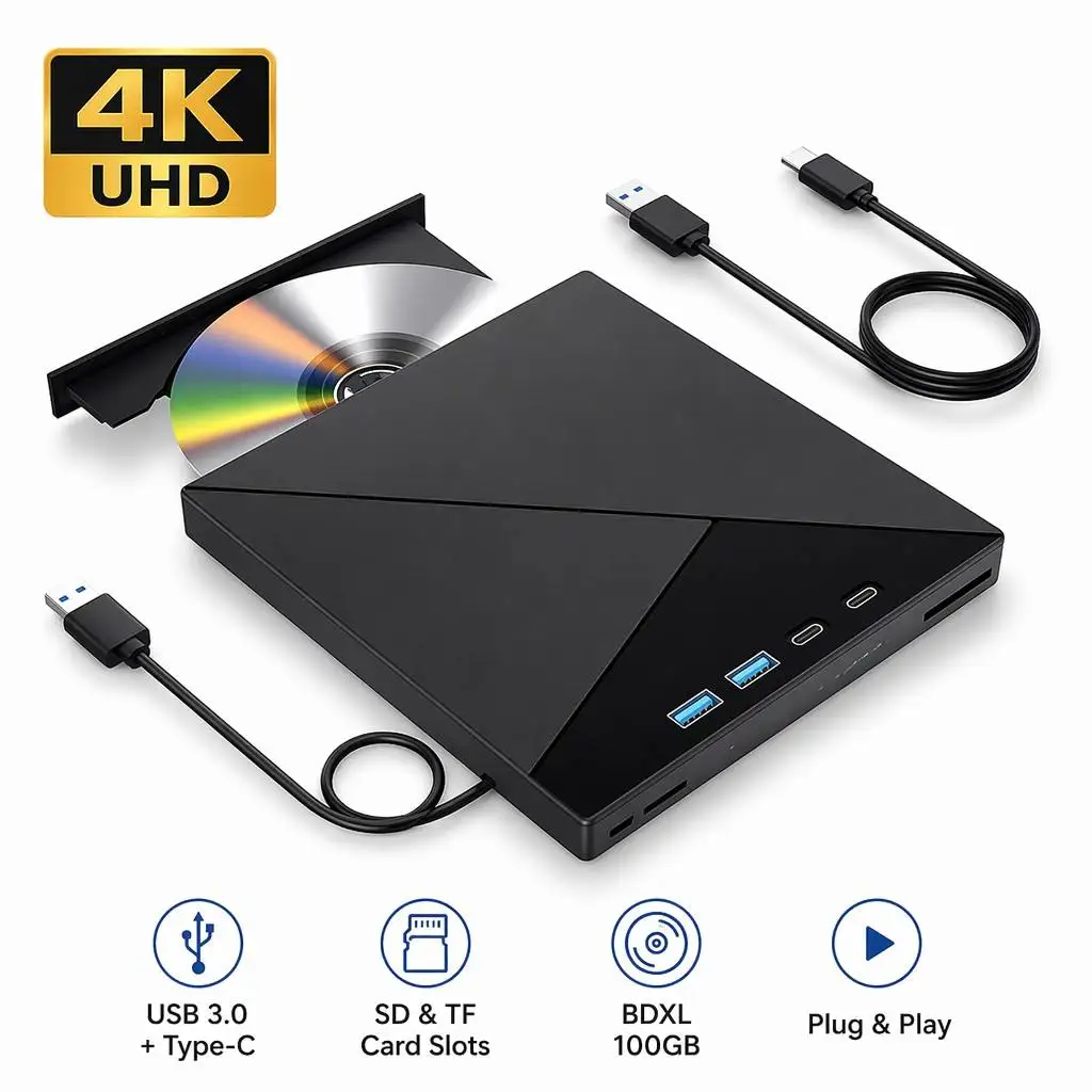 hit product7 in 1 4K UHD Blu-ray DVD Burner Recorder External Optical Drive USB 3.0 Type-C SD TF Reader BDXL 100GB Writer for Wi