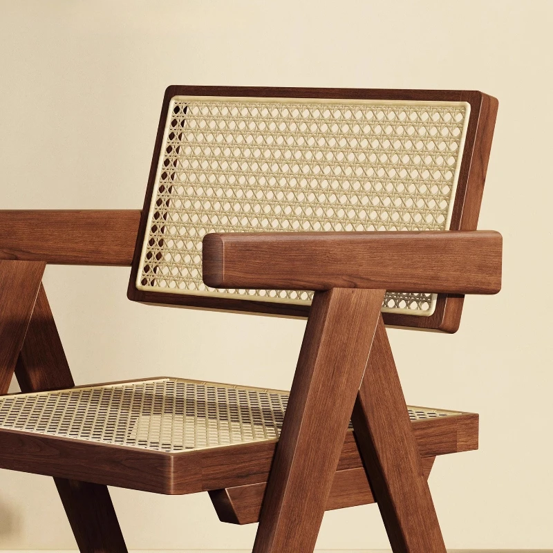 Solid Wood Dining Chair, Chandigarh Style Walnut Frame with Rattan Armrest, Handcrafted Seat, Natural Curved Back for Comfort